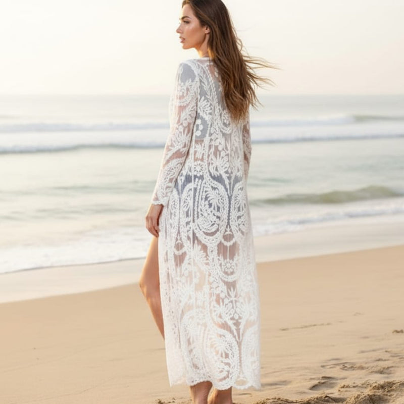White Lace Long Beach Cardigan Boho Floral Kimono Cover Up Wrap in White | Women's Boho Fashion | One Size | Polyester White Lace Long Beach Cardigan Boho Floral Kimono Cover Up Wrap in White | Women's Boho Fashion | One Size | Polyester