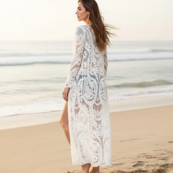 Boho Beach Hut Cardigan, Cover Up, Beachwear, White Long Cardigan, Lace Cardigan White Lace Long Beach Cardigan White / One Size