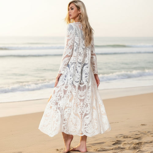 Boho Beach Hut Cardigan, Cover Up, Beachwear, White Long Cardigan, Lace Cardigan White Lace Long Beach Cardigan White / One Size