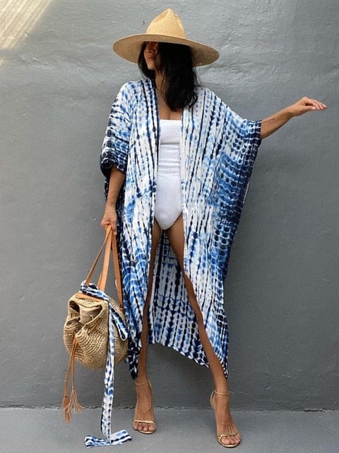 Boho Beach Hut Cardigan, Cover up, Kimono, Plus Size Blue / One Size Long Kimono Swimsuit Cover Up