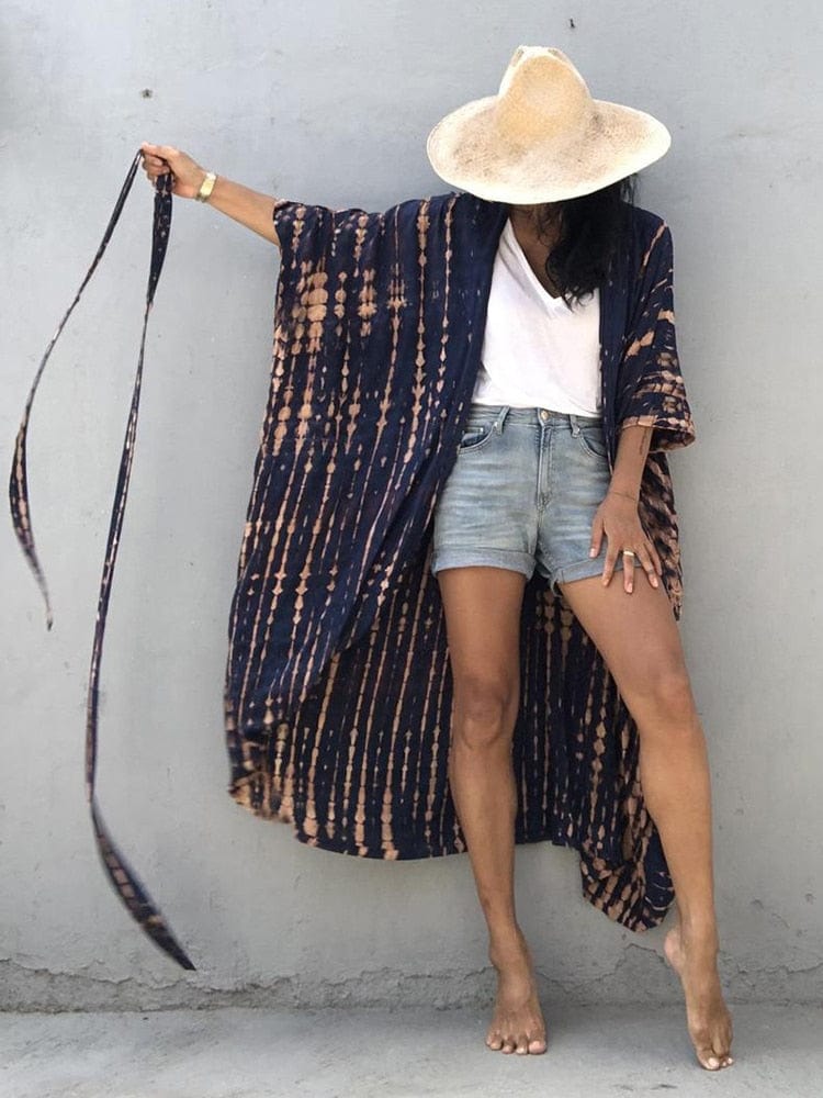 Boho Beach Hut Cardigan, Cover up, Kimono, Plus Size Long Kimono Swimsuit Cover Up Navy Blue / One Size