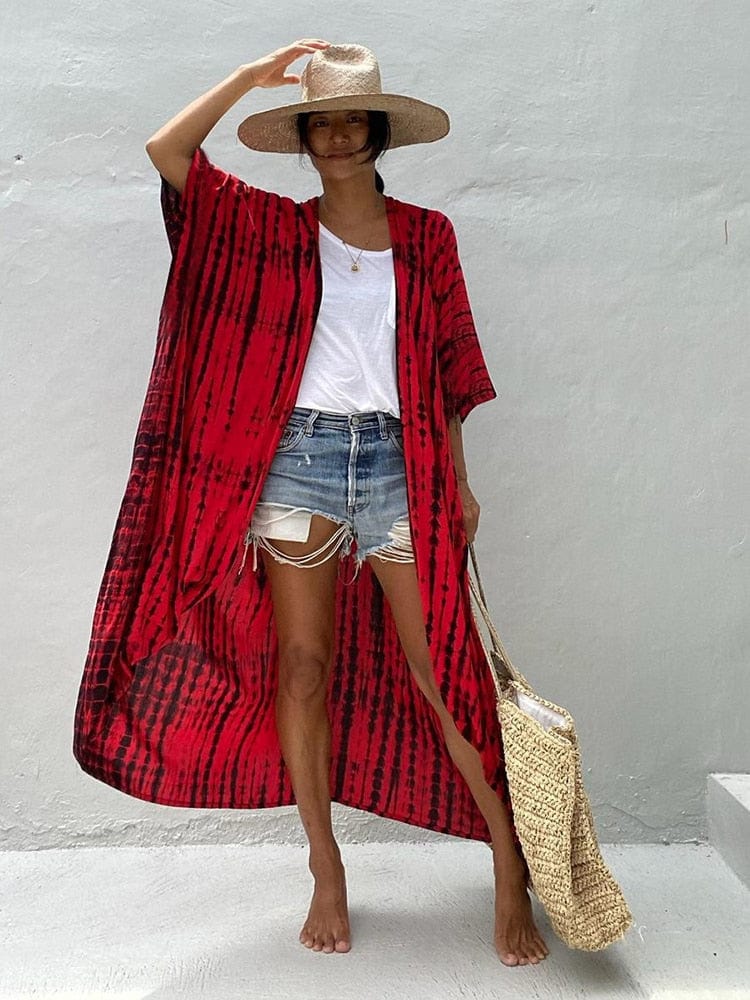 Boho Beach Hut Cardigan, Cover up, Kimono, Plus Size Long Kimono Swimsuit Cover Up Red / One Size