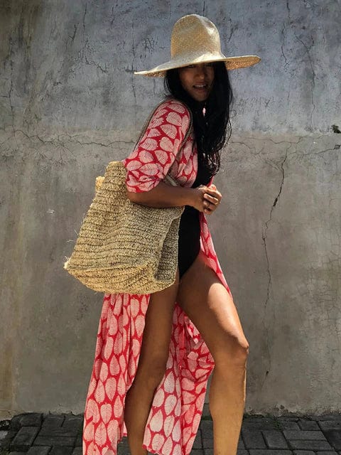 Boho Beach Hut Cardigan, Cover up, Kimono, Plus Size Red / One Size Long Floral Kimono Swimsuit Cover Up