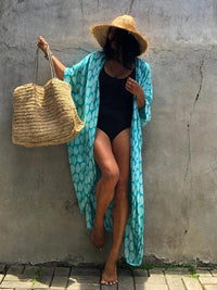 Boho Beach Hut Cardigan, Cover up, Kimono, Plus Size Sky Blue / One Size Long Floral Kimono Swimsuit Cover Up
