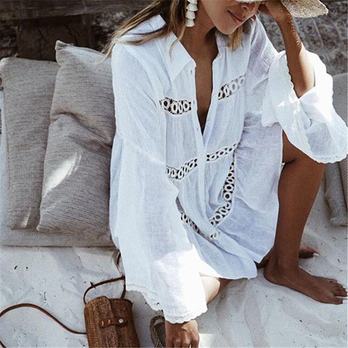 Boho Beach Hut Cardigan, Cover up, Kimono, Plus Size White / One Size Lace Hollow Out Cover Up