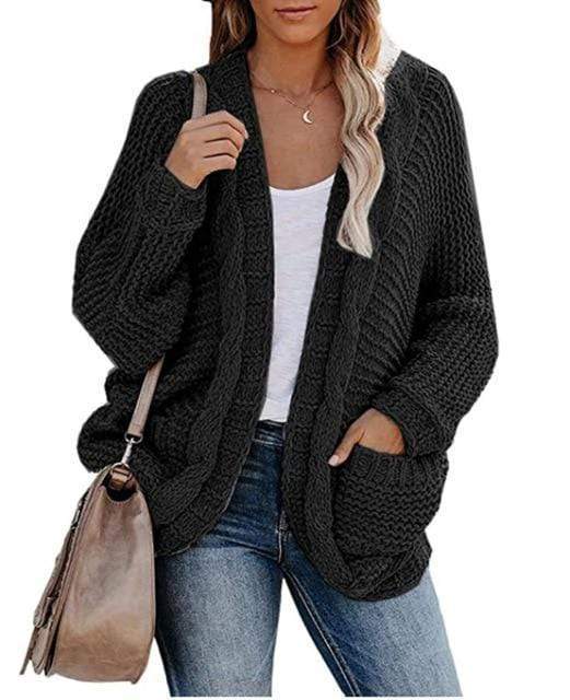 Boho Beach Hut Cardigan, Sweater Boho Knit Cardigan with Pockets Black / S