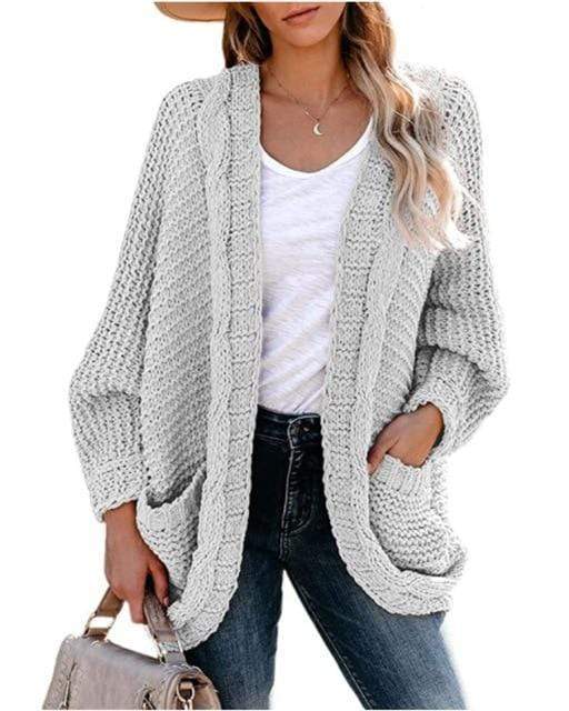 Boho Beach Hut Cardigan, Sweater Boho Knit Cardigan with Pockets Light Gray / S