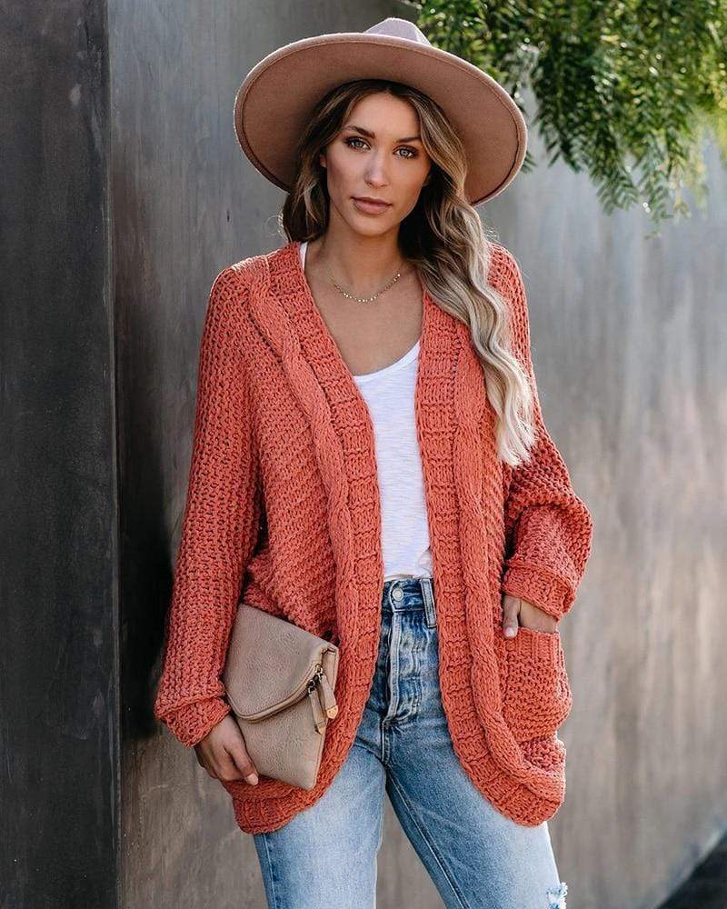 Boho Beach Hut Cardigan, Sweater Boho Knit Cardigan with Pockets Orange / S