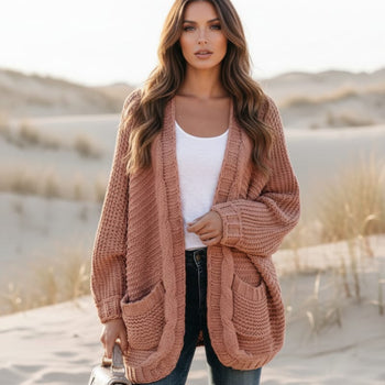 Boho Beach Hut Cardigan, Sweater Boho Knit Cardigan with Pockets Pink / S