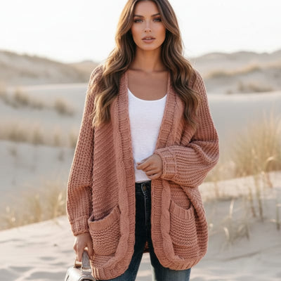 Boho Beach Hut Cardigan, Sweater Boho Knit Cardigan with Pockets Pink / S