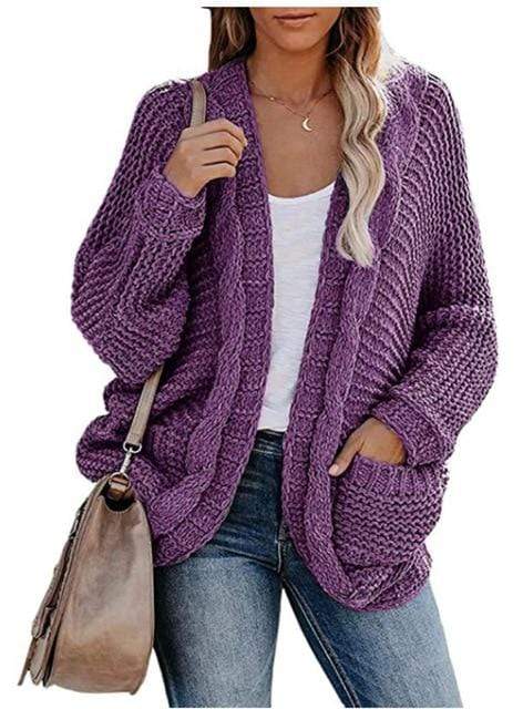 Boho Beach Hut Cardigan, Sweater Boho Knit Cardigan with Pockets Purple / S