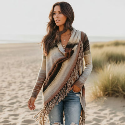 Boho Beach Hut Cardigan, Sweater Irregular Vintage Fringe Sweater Khaki / S