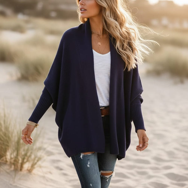 Boho Beach Hut Cardigans, Sweater Batwing Knitted Cardigan Navy Blue / One Size