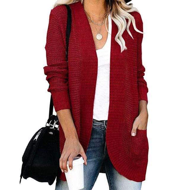 Boho Beach Hut Cardigans, Sweaters Burgundy / S Loose Fit Long Sleeve Knitted Cardigan
