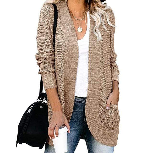 Boho Beach Hut Cardigans, Sweaters Loose Fit Long Sleeve Knitted Cardigan Khaki / S