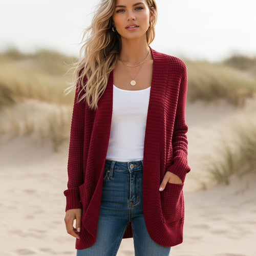 Boho Beach Hut Cardigans, Sweaters Loose Fit Long Sleeve Knitted Cardigan Red / S