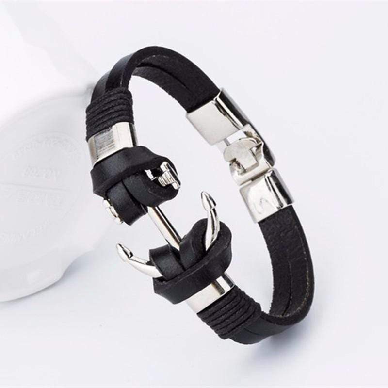 Boho Beach Hut Charm Bracelets Black / One Size Vintage Leather Anchor Bracelet