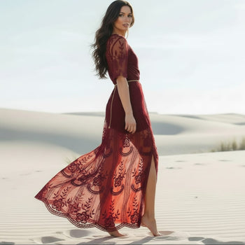 Boho Beach Hut Chic Dress, Boho Dress, Summer Dress, Maxi Dress, red dress, lace dress, beautiful dress Boho Lace Tulle Maxi Dress Red / One Size
