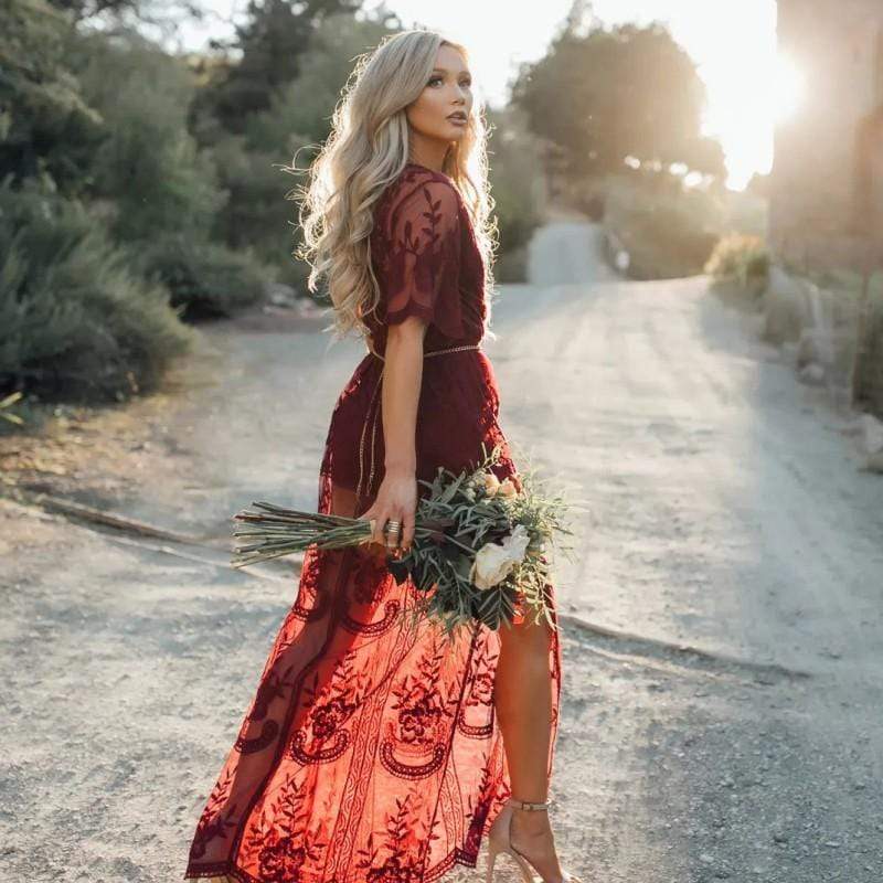 Red Boho Lace Maxi Dress Tulle Hollow Out Embroidered Sundress in Red | Women's Boho Fashion | M | Synthetic, Mesh Female Adults Red Boho Lace Maxi Dress Tulle Hollow Out Embroidered Sundress in Red | Women's Boho Fashion | M | Synthetic, Mesh Female Adults