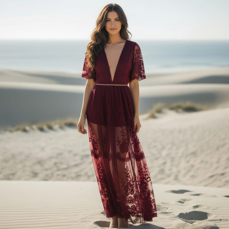 Red Boho Lace Maxi Dress Tulle Hollow Out Embroidered Sundress in Red | Women's Boho Fashion | M | Synthetic, Mesh Red Boho Lace Maxi Dress Tulle Hollow Out Embroidered Sundress in Red | Women's Boho Fashion | M | Synthetic, Mesh