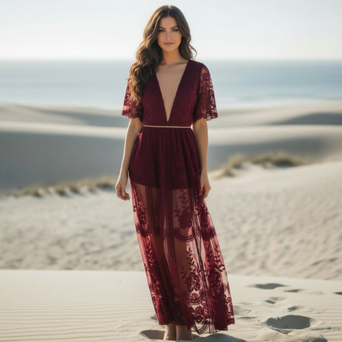 Boho Beach Hut Chic Dress, Boho Dress, Summer Dress, Maxi Dress, red dress, lace dress, beautiful dress Boho Lace Tulle Maxi Dress Red / One Size