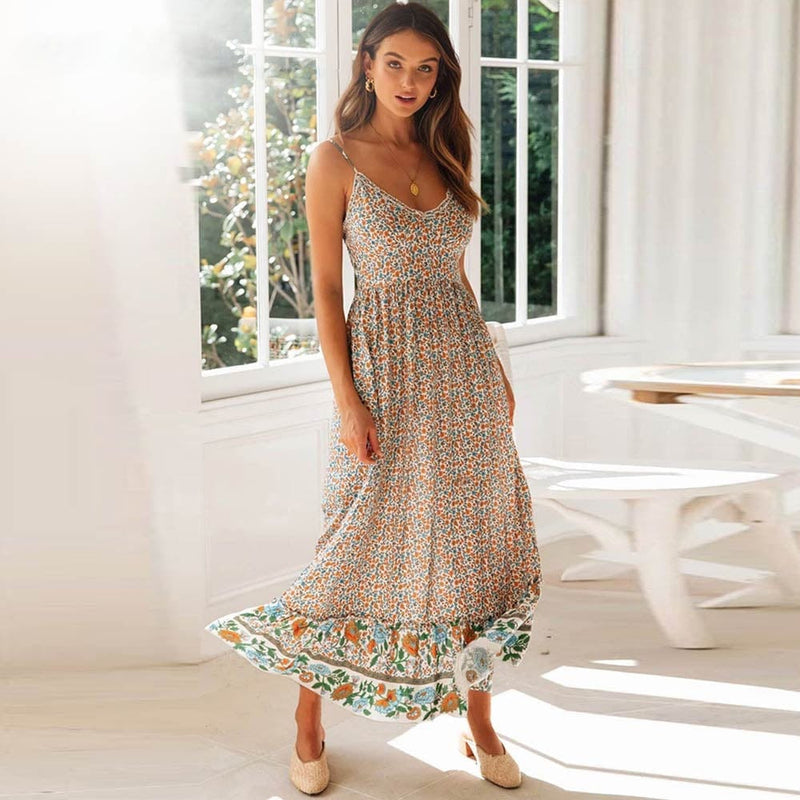 Women's Summer Dress Wide Shoulder Strap Floral Print Bohemian