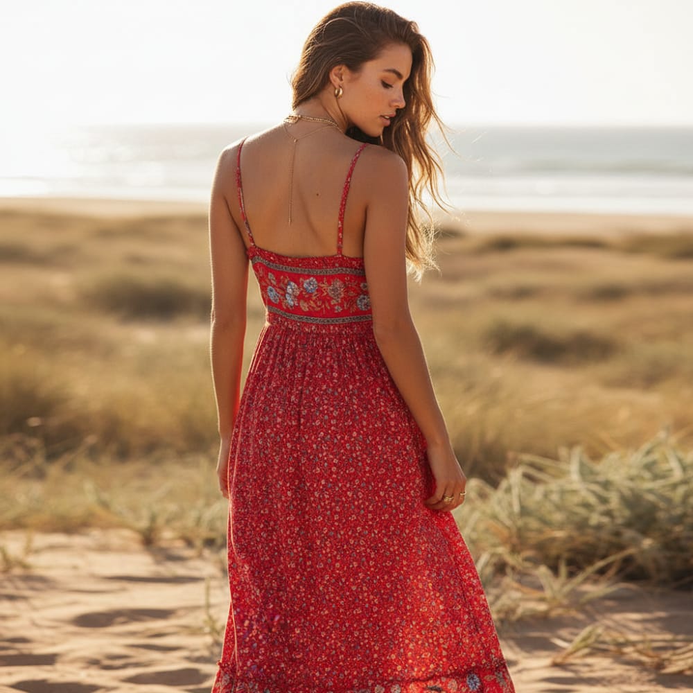 Floral Spaghetti Strap Boho Dress Empire Waist Ankle-Length Maxi in Red | Women's Boho Fashion | XL | Polyester Floral Spaghetti Strap Boho Dress Empire Waist Ankle-Length Maxi in Red | Women's Boho Fashion | XL | Polyester