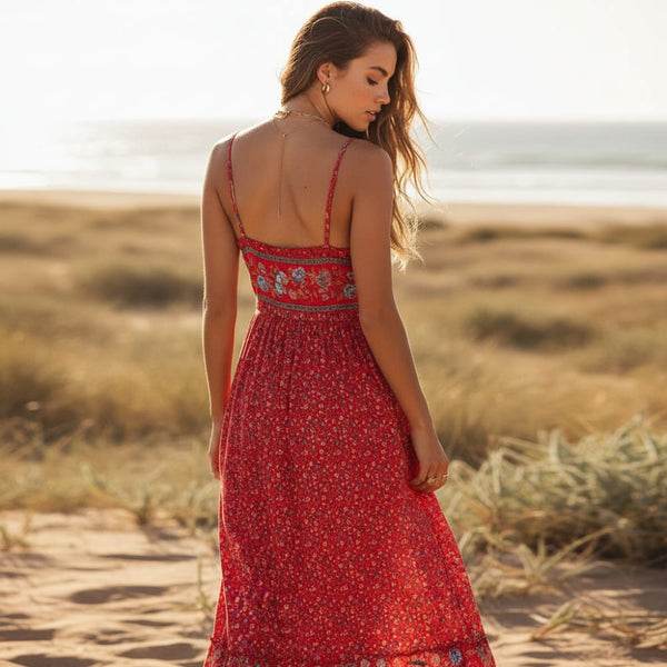 Boho Beach Hut Chic Dress, Summer Dress, orange dress, sleeveless dress, maxi dress, sundress, boho dress Floral Print Spaghetti Strap Boho Dress
