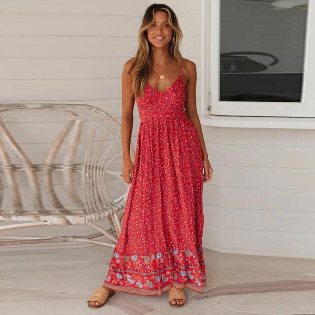 Boho Beach Hut Chic Dress, Summer Dress, orange dress, sleeveless dress, maxi dress, sundress, boho dress Floral Print Spaghetti Strap Boho Dress Red / XL