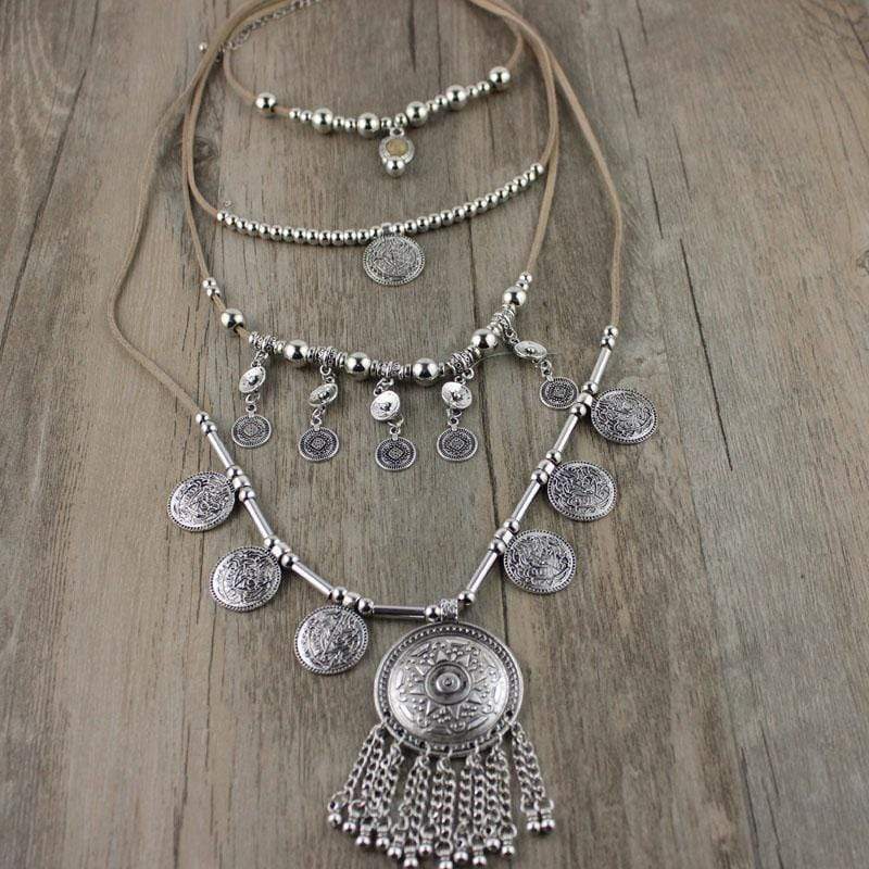 Boho Beach Hut Choker Necklaces Silver / One Size Boho Silver Multi Layer Necklace