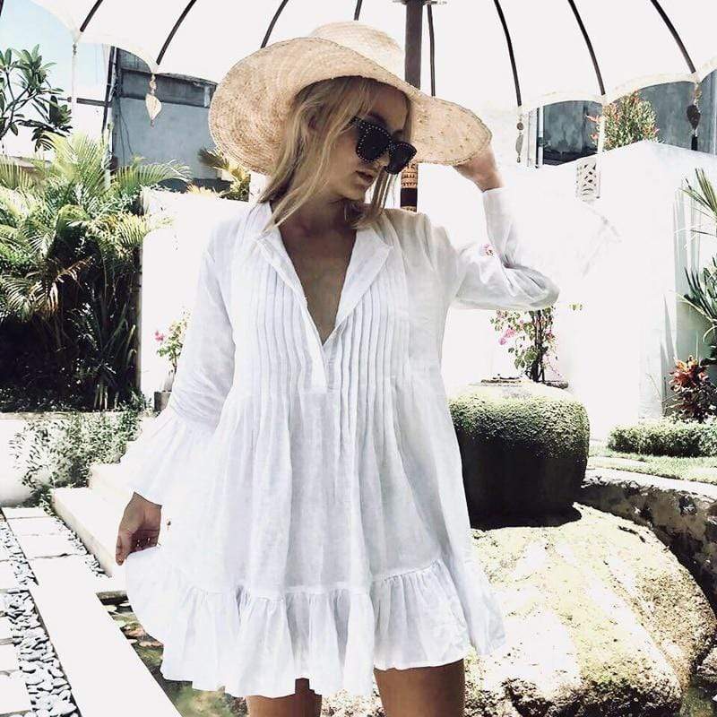 Boho Beach Hut Cover up, Beach Cover, Bikini Cover Up Pleated Flare Sleeve Cover Up White / One Size