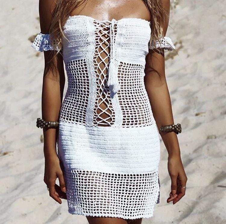 Boho Beach Hut Cover up, Beach Cover up Dress White / One Size Off Shoulder Knit Beach Cover Up