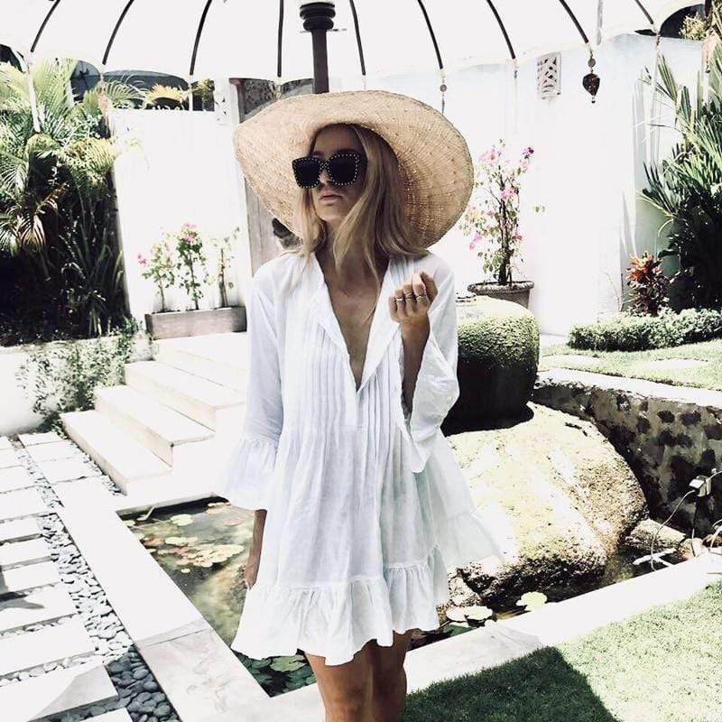Boho Beach Hut Cover up, Beach Cover up Dress White / One Size Pleated Flare Sleeve Cover Up