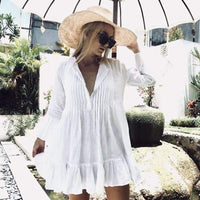 Boho Beach Hut Cover up, Beach Cover up Dress White / One Size Pleated Flare Sleeve Cover Up