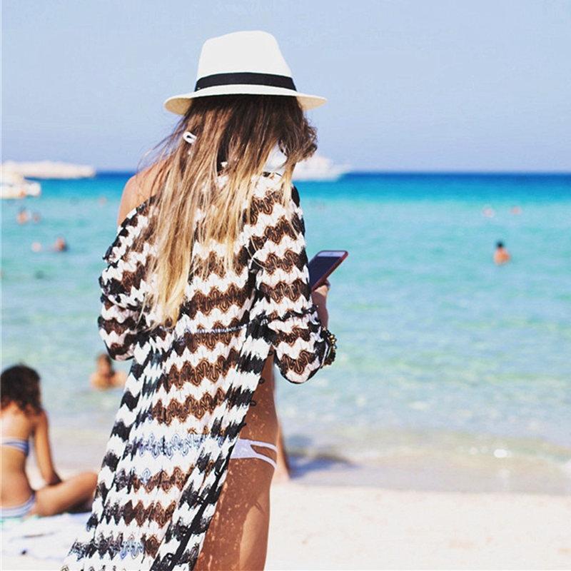 Boho Beach Hut Cover up Black/White / One Size Long Stripe Beach Crochet Cover Up