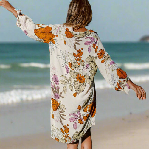 Boho Beach Hut Cover Up, Plus Size Cover Up Bohemian Floral Button Up Bikini Cover Up
