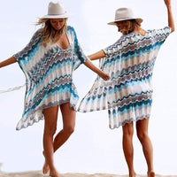 Boho Beach Hut Cover-up, swimsuit cover up, beach cover up Blue / One Size Bohemian Striped Crochet Beach Cover Up