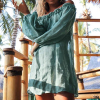 Boho Beach Hut Cover-up, swimsuit cover up, beach cover up Green / One Size Boho Casual Long Sleeve Off Shoulder Beach Cover Up