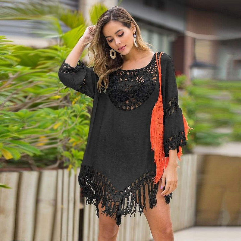 Boho Beach Hut Cover-up, Swimwear Boho Sexy Beach Cover Up Hollow Out Tassels Black / One Size