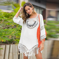 Boho Beach Hut Cover-up, Swimwear Boho Sexy Beach Cover Up Hollow Out Tassels White / One Size