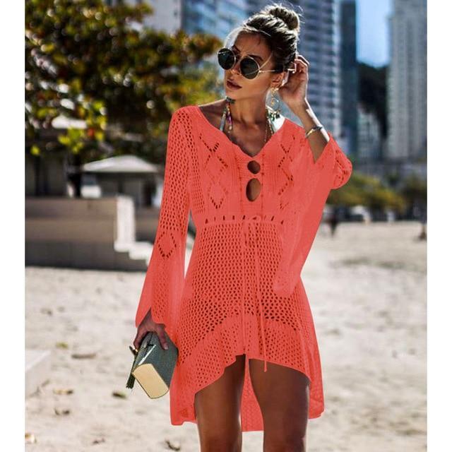 Drawstring Waist Summer Beach Swimwear Cover Up Dress Orange