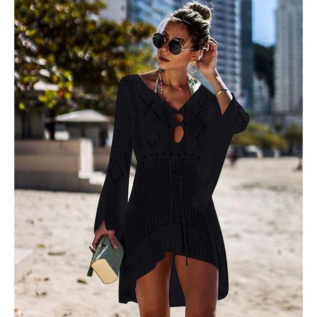 Boho Beach Hut Cover-Ups Black / One Size Crochet Knit Beach Cover Up
