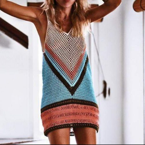Boho Beach Hut Cover-Ups Blue / S Bohemian Crochet Knit Beach Cover Up