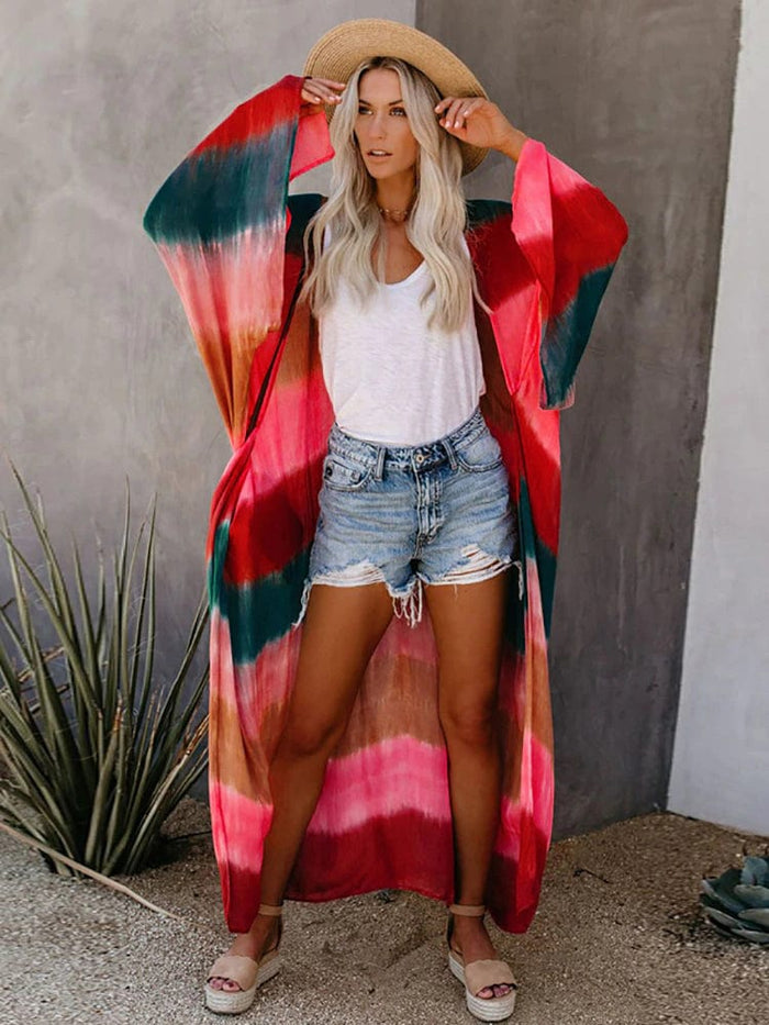 Boho Beach Hut Cover-Ups, Cardigan, Kimono Boho Beach Kimono Cover Up Red / S