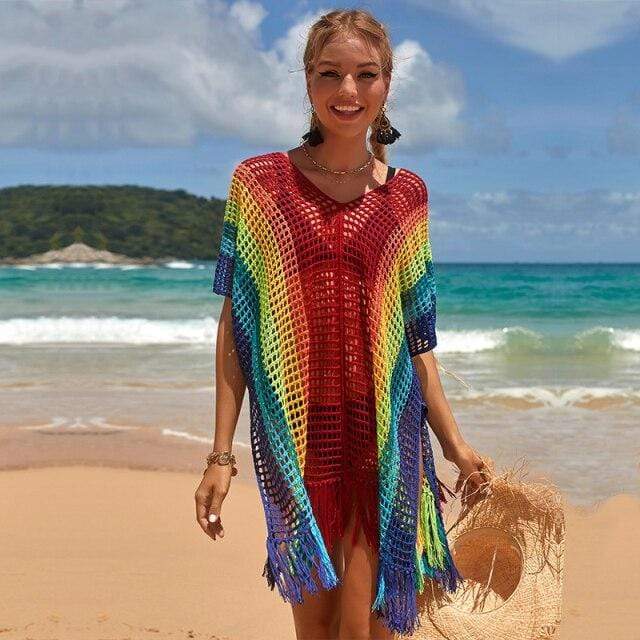 Boho Beach Hut Cover-Ups, Colorful cover up, rainbow cover up, mini cover up Rainbow / One Size Bathing Suit Cover Ups
