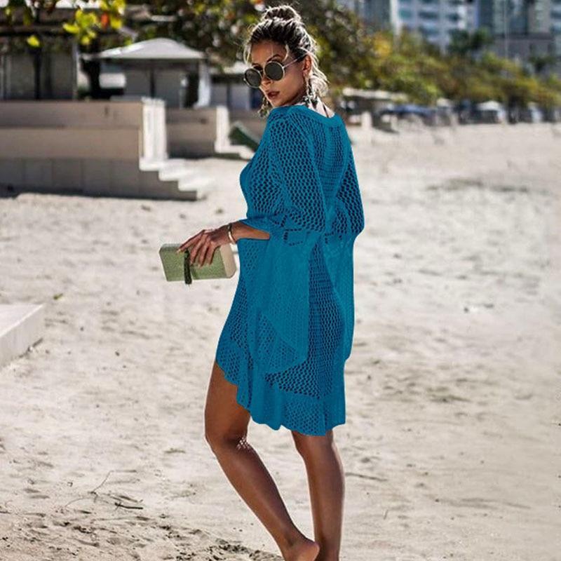 Boho White Crochet Knitted Beach Cover Up Dress Women Tunic Long Pareos  Bikinis Swim Coverups Robe Plage Beachwear