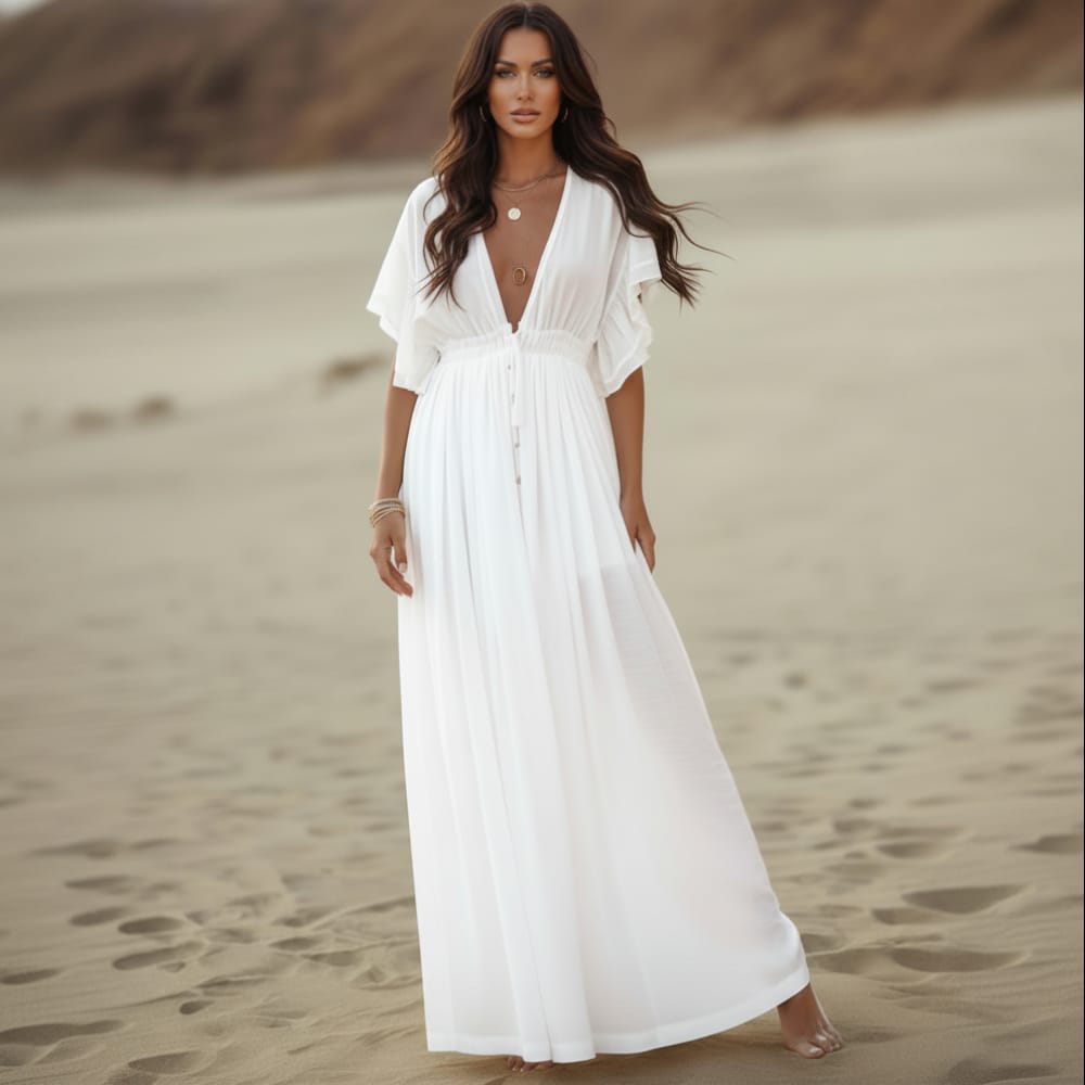Boho Summer Beach Cover Up Dress – Sheer Button-Up V-Neck Maxi – Boho Beach  Hut