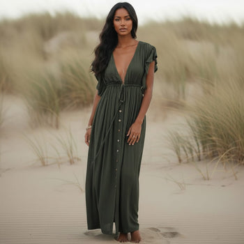 Boho Beach Hut Cover-Ups, Dress, maxi dress, white dress, short sleeve dress, v neck dress, plus size dress Boho Casual Summer Beach Cover Up Dress Army Green / One Size