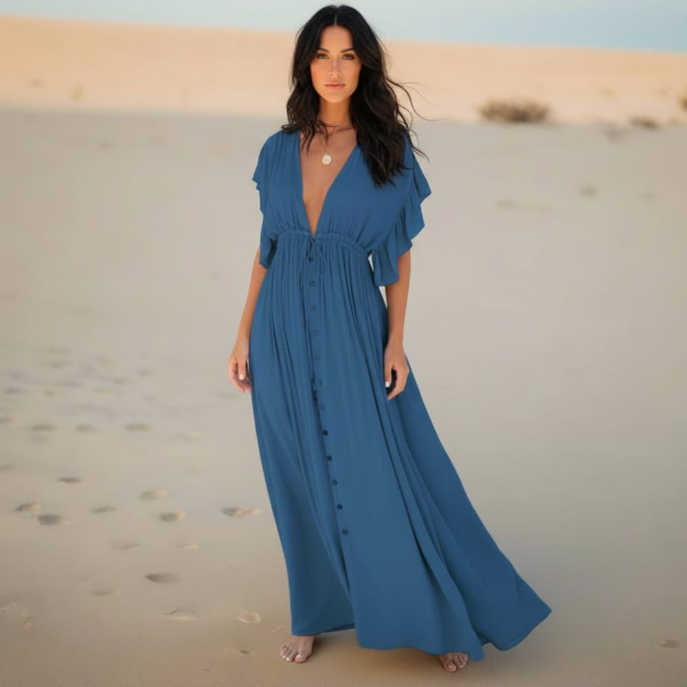 Boho Summer Beach Cover Up Dress Sheer Button-Up V-Neck Maxi in Blue | Women's Boho Fashion | One Size | Polyester Boho Summer Beach Cover Up Dress Sheer Button-Up V-Neck Maxi in Blue | Women's Boho Fashion | One Size | Polyester