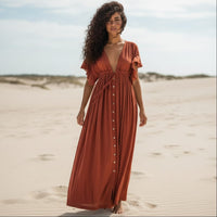 Boho Summer Beach Cover Up Dress Sheer Button-Up V-Neck Maxi Boho Beach Hut Boho Summer Beach Cover Up Dress Sheer Button-Up V-Neck Maxi Boho Beach Hut